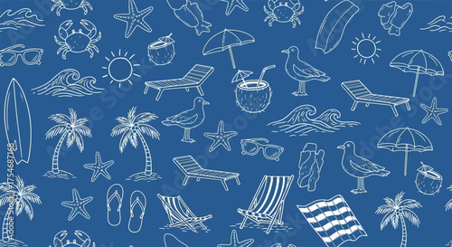 A seamless pattern of hand-drawn summer beach doodles featuring vacation icons like palm trees, sunglasses, and waves on a blue background