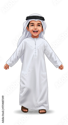 Joyful young Arab boy dressed in traditional white thawb, smiling brightly with arms outstretched, embodying cultural heritage and youthful happiness