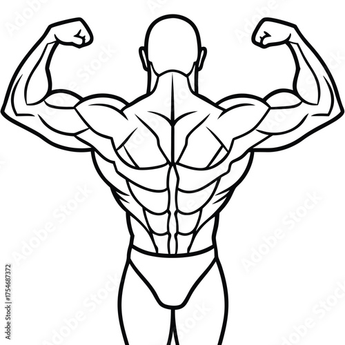Back view of a muscular bodybuilder flexing biceps and showing well defined back muscles and abs in line art style