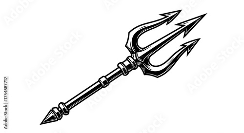 Vintage trident illustration, black and white nautical spear icon, mythological sea god weapon graphic, isolated metallic pitchfork vector style