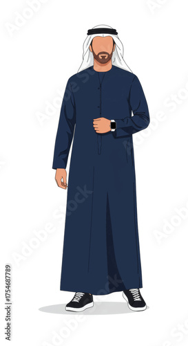 Traditional Arab Man Wearing a Dark Blue Thobe with Sneakers