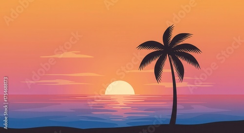 Lone palm tree silhouetted against a colorful sunset over the ocean.