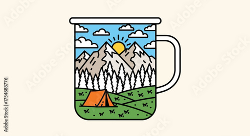 Stylized graphic of a mountain camping adventure with a tent and forest inside an enamel mug design