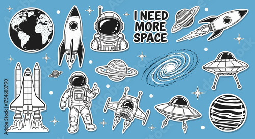 A set of hand-drawn monochrome space exploration doodle stickers featuring astronauts, rockets, planets, and UFOs on a blue background