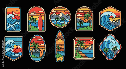 A vibrant collection of retro surf patches and emblems, showcasing ocean waves, tropical beaches, and mountain sunset scenes for summer adventures
