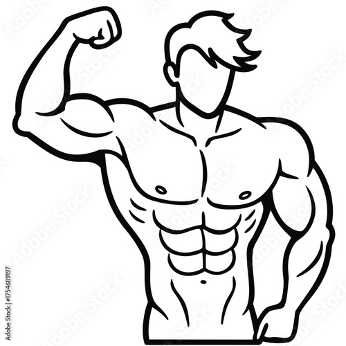 Stylized black and white illustration of a muscular man flexing his bicep showcasing defined abdominal muscles and strong physique