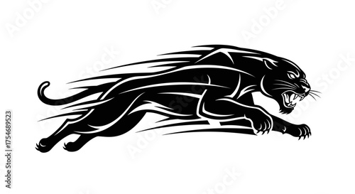 Aggressive black panther mascot logo, powerful leaping cougar silhouette with motion trails, fierce predatory jaguar graphic for sports branding