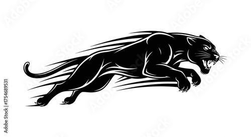 Black panther mascot logo, powerful leaping cougar vector illustration, aggressive wild cat jumping with speed lines, predatory feline sports emblem