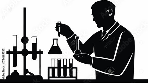 Scientist conducting research in a laboratory with flasks and test tubes for scientific discovery