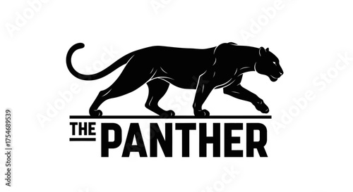 Black panther logo design, minimalist stalking wild cat silhouette, sleek cougar mascot with The Panther text, athletic puma emblem for sports branding