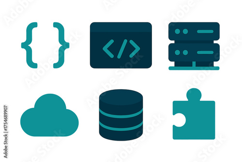 Essential programming development and data technology icons set featuring cloud server database and code
