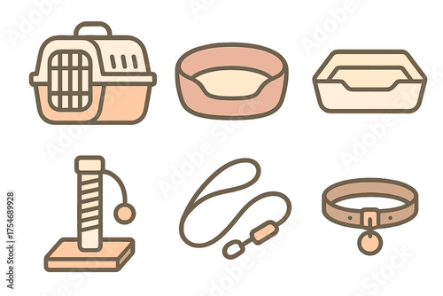 Domestic animal supplies set including carrier, bed, litter box, scratching post, leash, and collar
