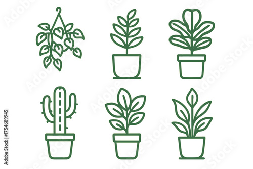 Set of six potted houseplants and succulents drawn in simple black outline
