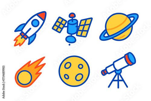 Colorful space and astronomy icons set featuring rocket, planet, moon, satellite, comet, and telescope