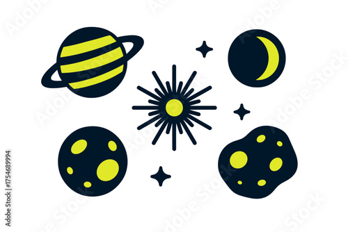 Stylized cosmic set featuring Saturn planet, crescent moon, bright sun, and asteroid shapes