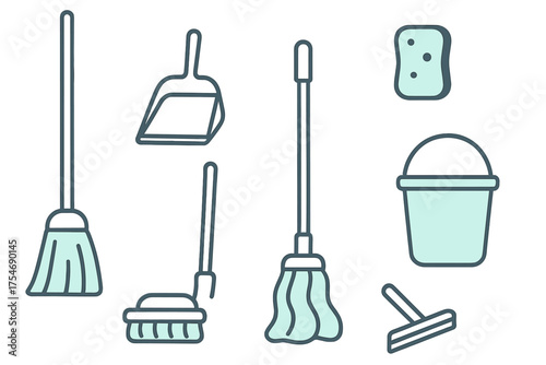 Set of essential household cleaning tools including broom, mop, bucket, sponge, and dustpan