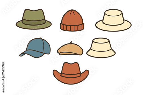 Set of fashionable headwear accessories including caps, fedoras, beanies, and berets