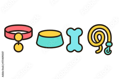 Colorful dog accessories set with collar, food bowl, bone, and coiled leash