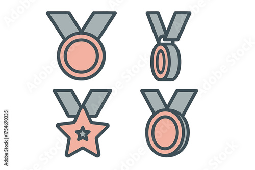 Four stylized award medals with ribbons in different shapes and perspectives