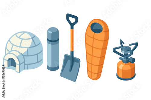 Isometric set of cold weather camping essentials including igloo, sleeping bag, shovel, and gas burner