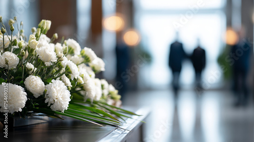 White funeral flowers arranged on a casket with mourners blurred in the background, symbolizing remembrance and mourning.
