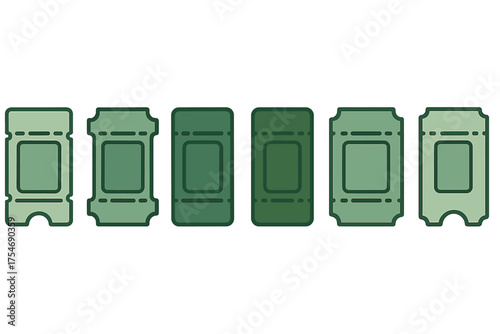 Six stylized blank green tickets in a horizontal row showing various shapes and designs