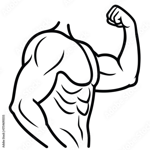 Illustration of a muscular male torso and flexed bicep arm showing defined abdominal muscles and strong shoulder