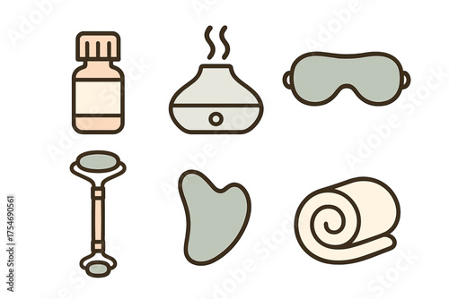 Outline icons of self-care and spa treatment items including essential oil, aroma diffuser, jade roller, and sleep mask
