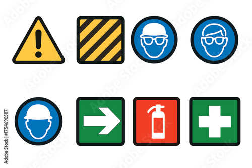Essential set of workplace safety signs including warning, mandatory personal protective equipment, emergency exit, and first aid symbols