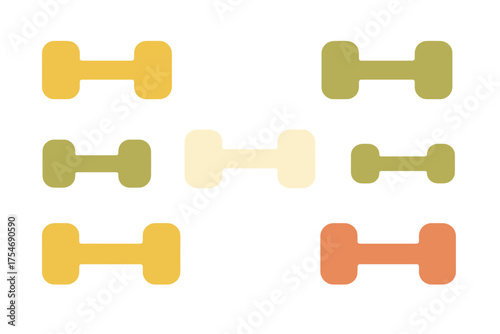 Minimalist collection of six colorful dumbbells for fitness and workout concepts on white background