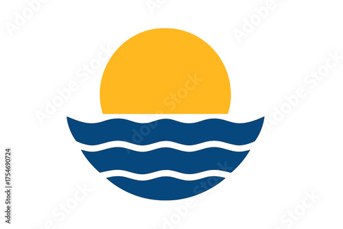 Bright yellow sun rising or setting over deep blue stylized ocean waves