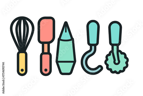 Essential kitchen tools collection including whisk spatula piping bag and pastry cutter