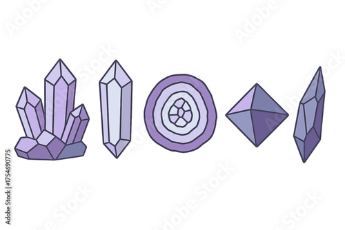 Purple amethyst crystals and geode slice set isolated on white background