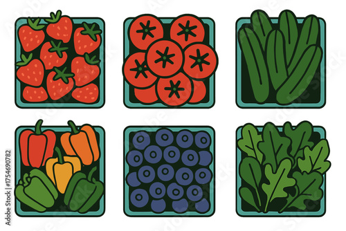 Six containers of colorful fresh fruits and vegetables including strawberries tomatoes bell peppers and blueberries