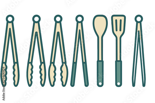 Collection of essential kitchen utensils including cooking tongs and serving spatulas