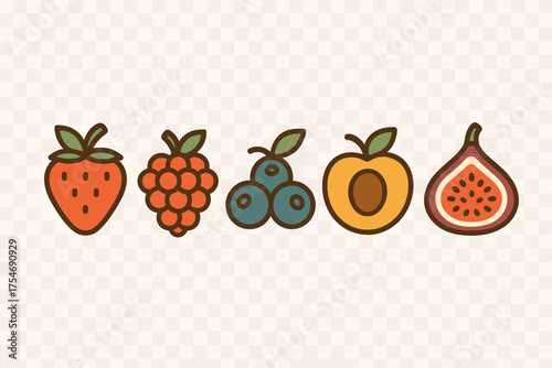 Retro stylized collection of fresh berries and fruits: strawberry, raspberry, blueberry, apricot, fig