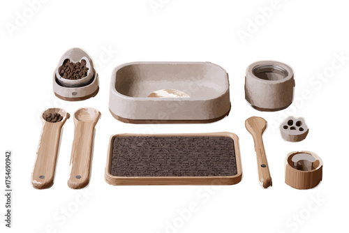 Complete set of natural pet feeding bowls, scoops, and storage for a happy healthy animal companion