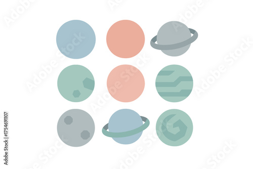 Collection of nine stylized pastel color planets and celestial bodies in a grid pattern
