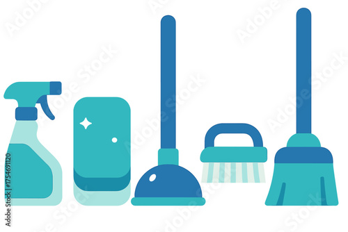 Collection of essential household cleaning tools and supplies for hygiene and sanitation