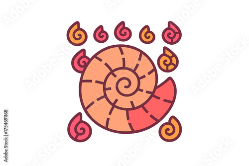 Stylized colorful spiral seashell surrounded by smaller decorative marine shells