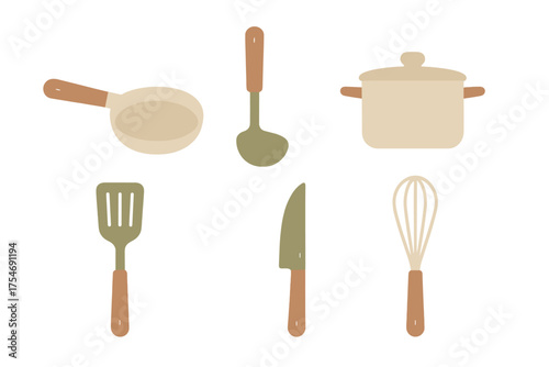 Household cooking equipment set featuring a pan, pot, ladle, whisk, knife, and turner
