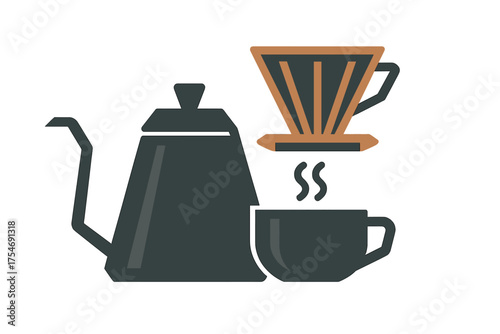 Modern coffee brewing equipment including a gooseneck kettle dripper and a hot beverage mug