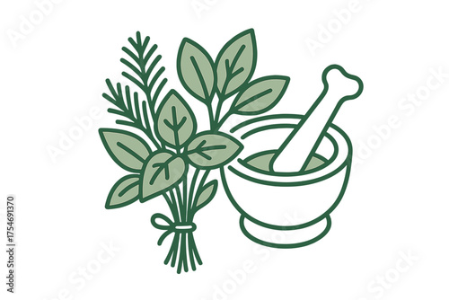 Aromatic green herbs bundle and traditional grinding mortar with pestle