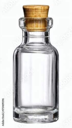 Small Clear Glass Bottle With A Wooden Cork Stopper On A White Background
