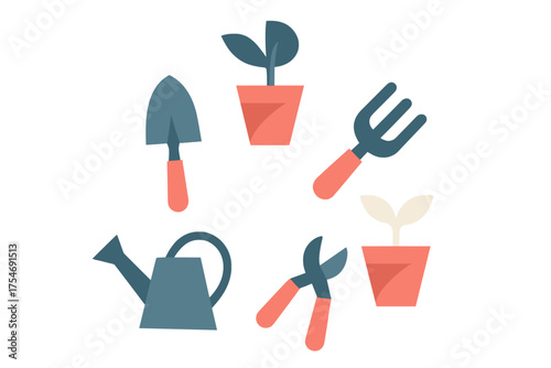 Essential gardening tools and potted plants arranged in a circular composition for spring