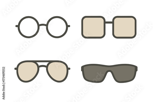 Modern eyewear styles including round, square, aviator, and wraparound frames