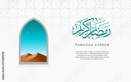 Islamic background with 1 mosque window at afternoon in the desert, with calligraphy