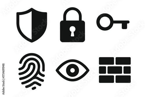 Digital security and access control symbols including shield, lock, key, fingerprint, and firewall