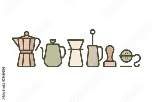 Minimalist collection of coffee and tea brewing tools including Moka pot, kettle, pour-over dripper, and tamper