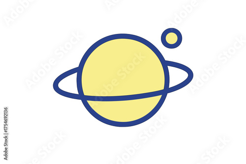 Stylized yellow planet with prominent blue rings and a small orbiting moon